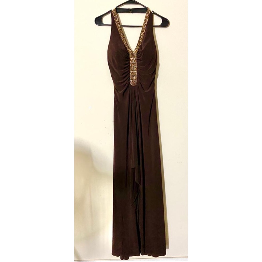 Brown & Gold Halter V-Neck Backless Maxi Prom Dress w/ Beaded Detailing and Slit